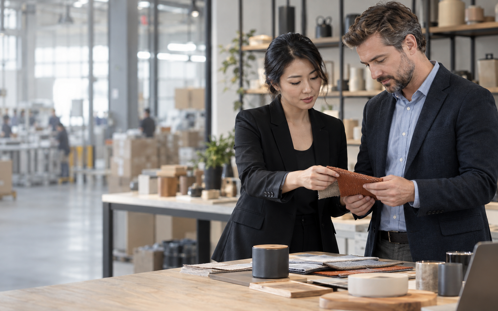 A sourcing specialist and buyer reviewing product materials